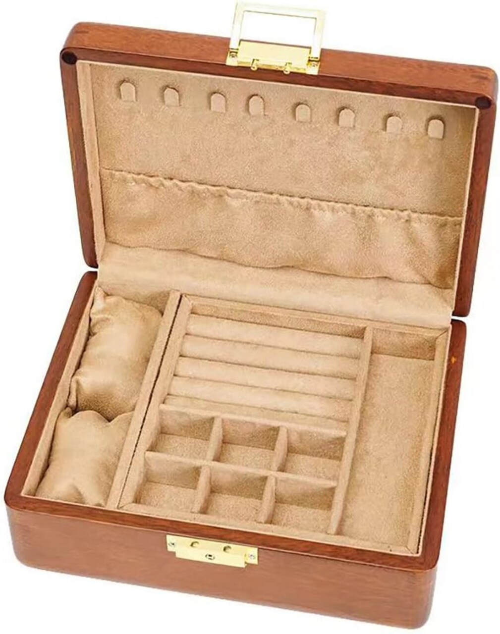 2-Layer Solid Wood Jewelry Box with Lock & Key – Vintage Velvet-Lined Organizer for Rings, Earrings, Necklaces, Bracelets & Watches, Elegant Gift for Women & Men (Light brown velvet)